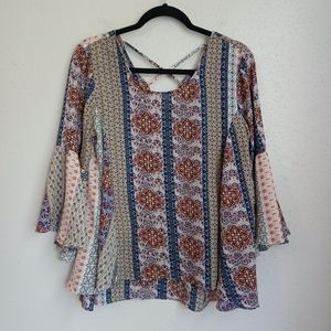 Umgee Boho Bell Sleeve Cross Back Oversized Scoop Neck Top Size Small